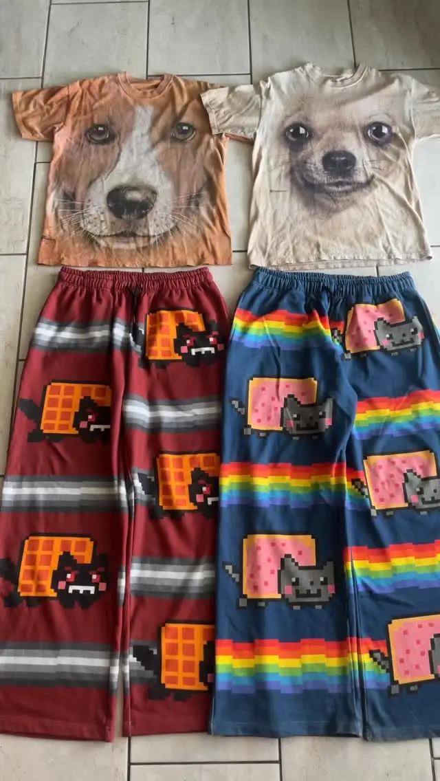 Hip Hop Cartoon Cat Pink Men Women Casual Pants Y2k Harajuku Loose Drawstring Jogging Pants Family Trousers Street Sweatpants