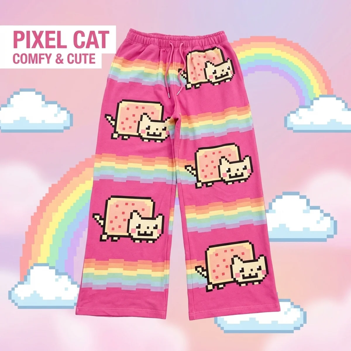 Hip Hop Cartoon Cat Pink Men Women Casual Pants Y2k Harajuku Loose Drawstring Jogging Pants Family Trousers Street Sweatpants