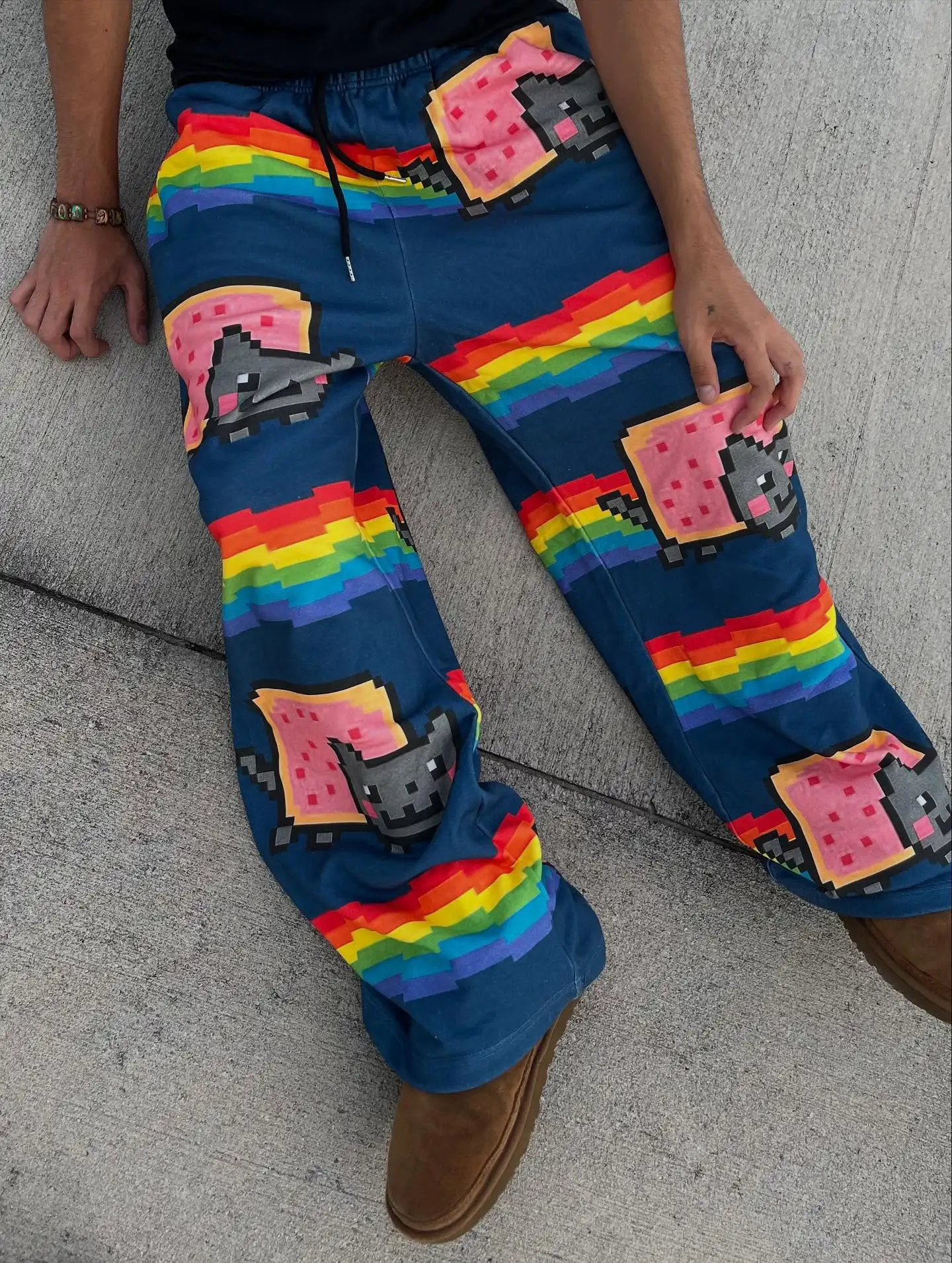 Hip Hop Cartoon Cat Pink Men Women Casual Pants Y2k Harajuku Loose Drawstring Jogging Pants Family Trousers Street Sweatpants
