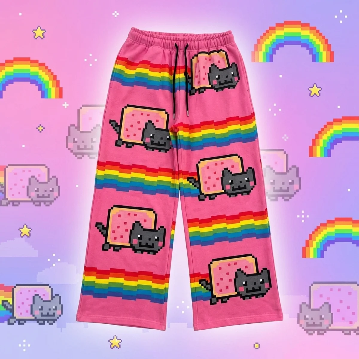 Hip Hop Cartoon Cat Pink Men Women Casual Pants Y2k Harajuku Loose Drawstring Jogging Pants Family Trousers Street Sweatpants