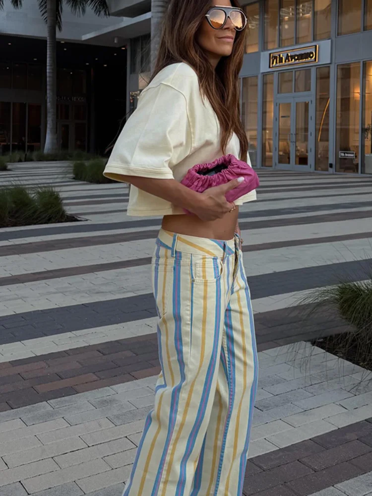 Colorful Striped Wide Leg Trousers Women Bohemian High Waist Multi-color Panelled Slim Straight Pants Fashion Lady Beachwear New