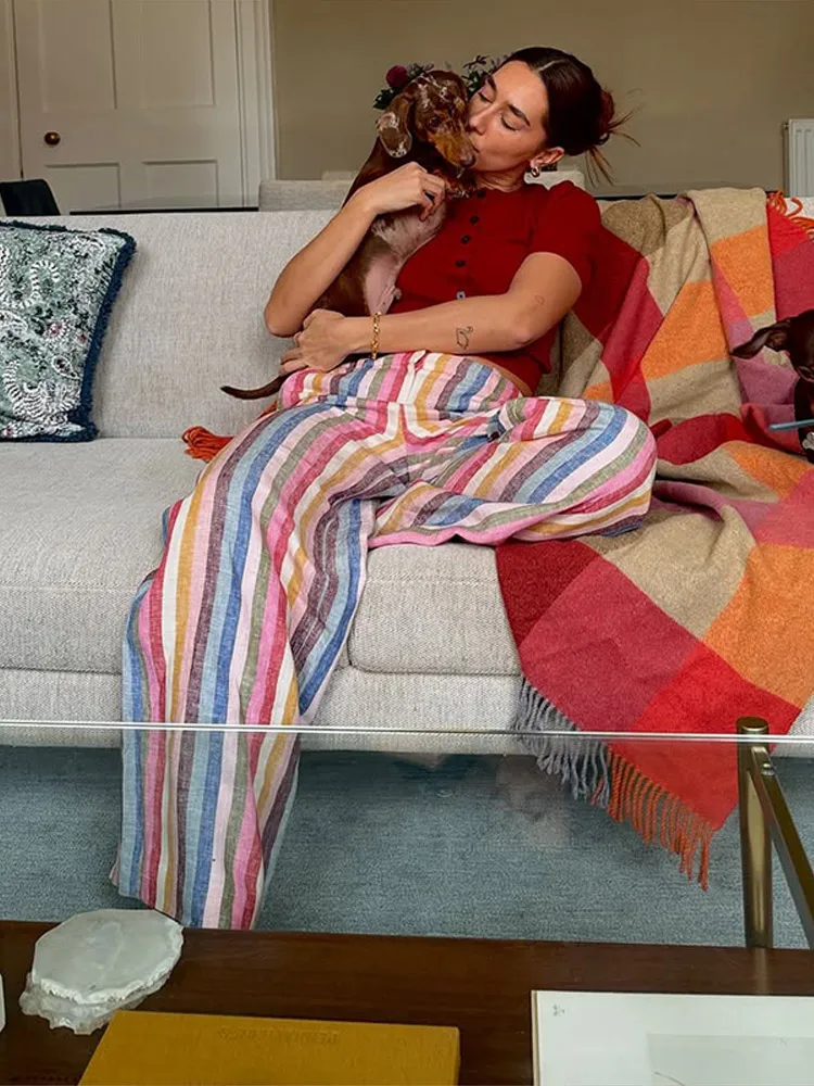 Colorful Striped Wide Leg Trousers Women Bohemian High Waist Multi-color Panelled Slim Straight Pants Fashion Lady Beachwear New