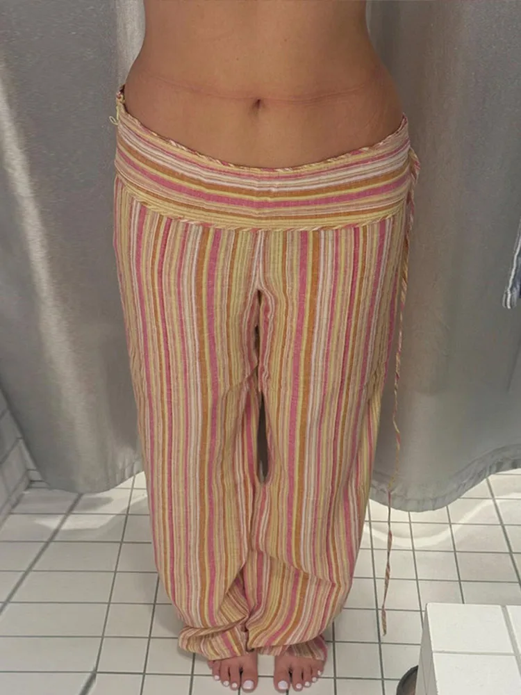 Colorful Striped Wide Leg Trousers Women Bohemian High Waist Multi-color Panelled Slim Straight Pants Fashion Lady Beachwear New