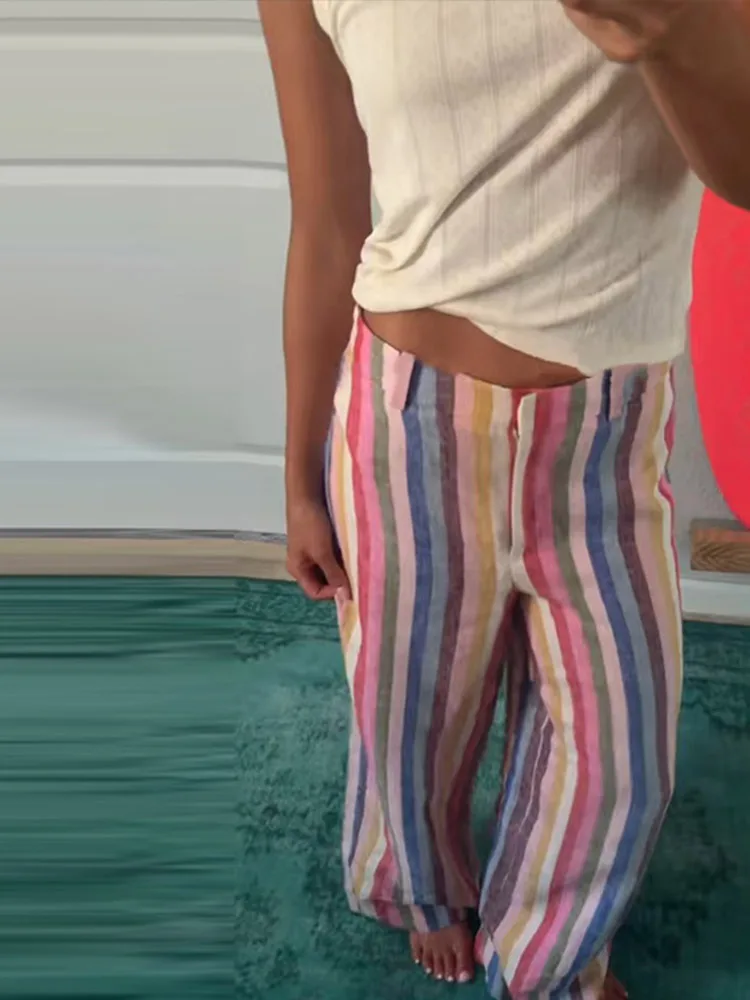 Colorful Striped Wide Leg Trousers Women Bohemian High Waist Multi-color Panelled Slim Straight Pants Fashion Lady Beachwear New