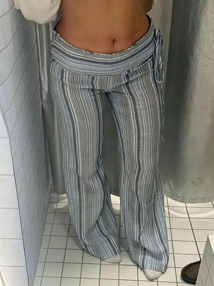 Colorful Striped Wide Leg Trousers Women Bohemian High Waist Multi-color Panelled Slim Straight Pants Fashion Lady Beachwear New