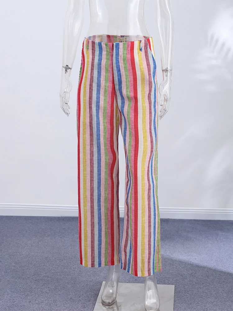 Colorful Striped Wide Leg Trousers Women Bohemian High Waist Multi-color Panelled Slim Straight Pants Fashion Lady Beachwear New