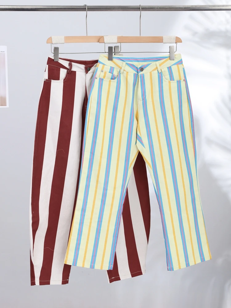 Colorful Striped Wide Leg Trousers Women Bohemian High Waist Multi-color Panelled Slim Straight Pants Fashion Lady Beachwear New