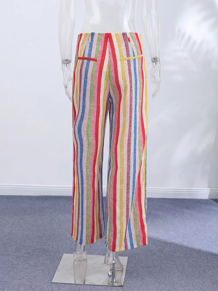 Colorful Striped Wide Leg Trousers Women Bohemian High Waist Multi-color Panelled Slim Straight Pants Fashion Lady Beachwear New