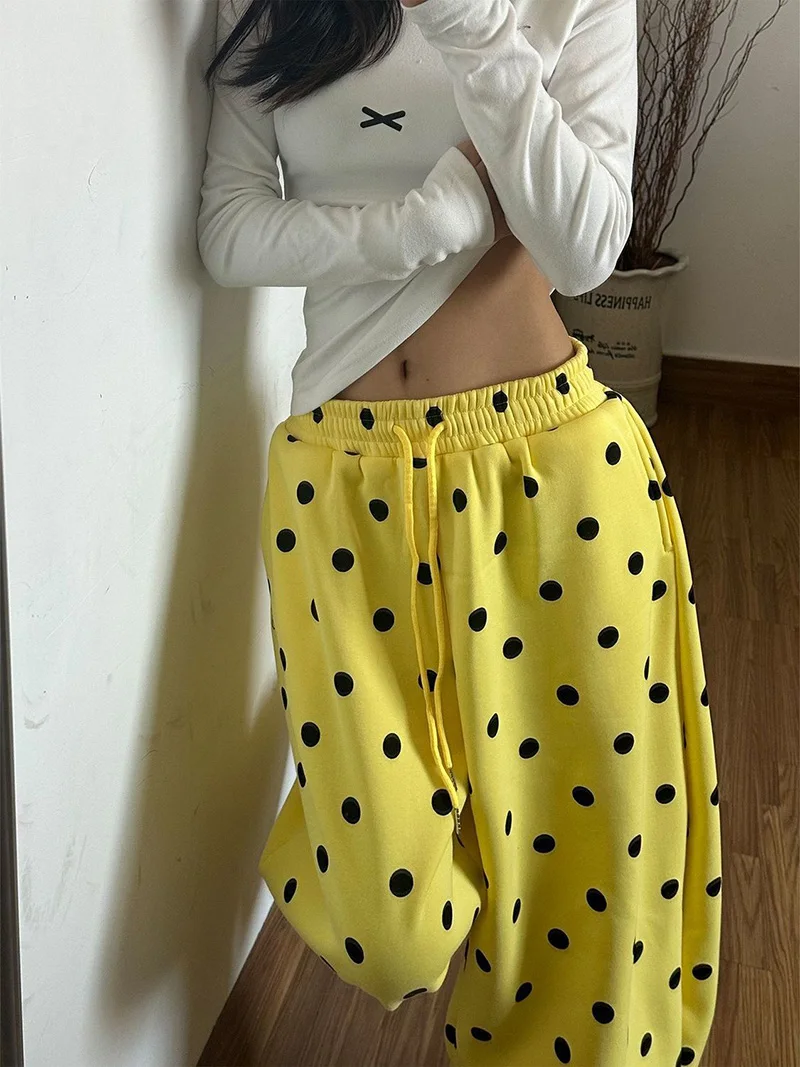 Y2K Retro Dot Sweatpants Women High Waist Hip Hop Harajuku Streetwear Wide Leg Pants American Loose Spring Vintage Bf Trousers