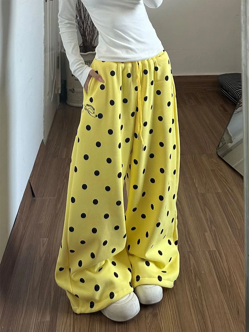 Y2K Retro Dot Sweatpants Women High Waist Hip Hop Harajuku Streetwear Wide Leg Pants American Loose Spring Vintage Bf Trousers
