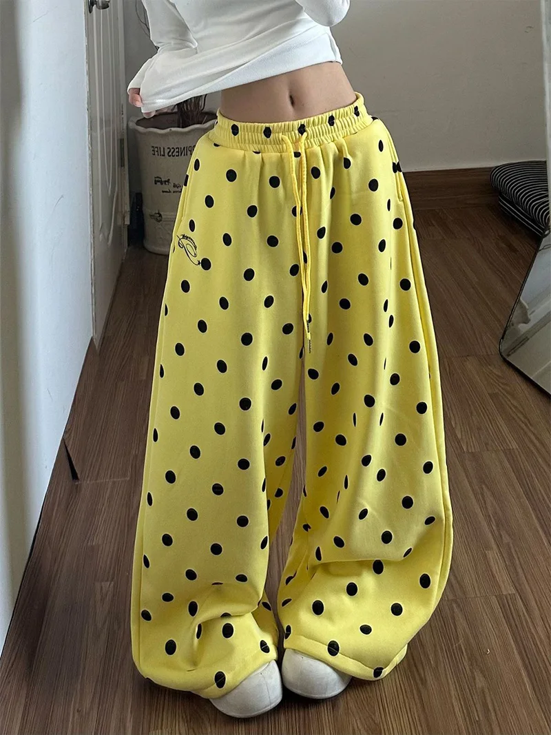 Y2K Retro Dot Sweatpants Women High Waist Hip Hop Harajuku Streetwear Wide Leg Pants American Loose Spring Vintage Bf Trousers