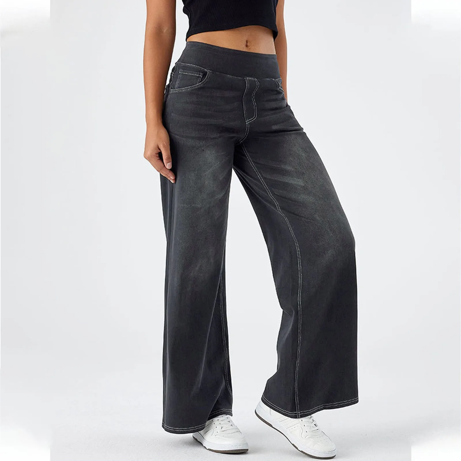 Casual Baggy Jeans Women's Elastic Waistband Wide Leg Jeans Elegant Slim Fit Denim Trousers American Retro Denim Palazzo Pants