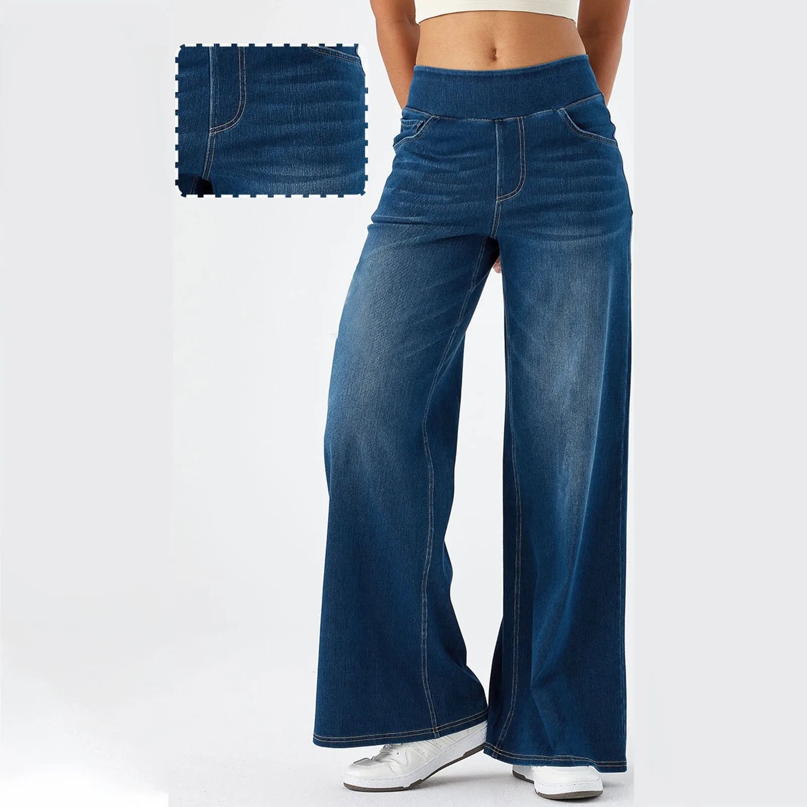 Casual Baggy Jeans Women's Elastic Waistband Wide Leg Jeans Elegant Slim Fit Denim Trousers American Retro Denim Palazzo Pants