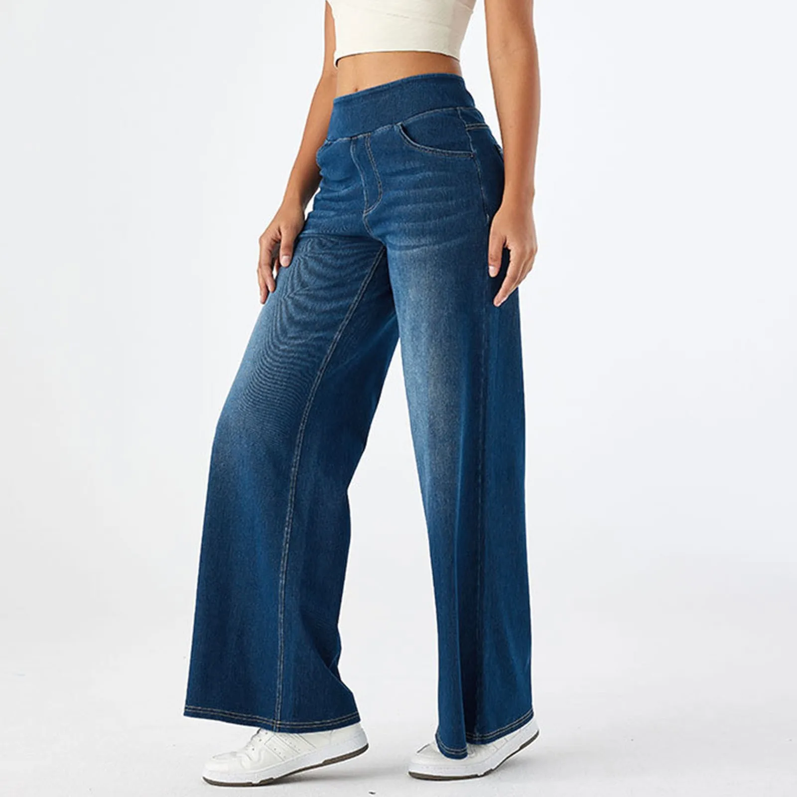 Casual Baggy Jeans Women's Elastic Waistband Wide Leg Jeans Elegant Slim Fit Denim Trousers American Retro Denim Palazzo Pants