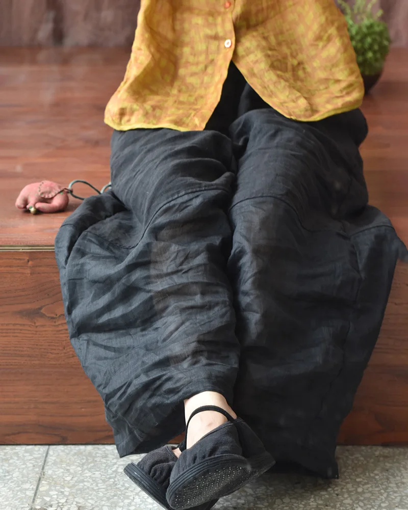 Johnature Women Linen Patchwork Color Wide Leg Pants Elastic Waist 2025 Summer New Original Loose Women Long Pants