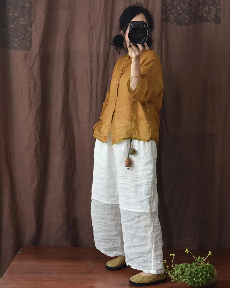 Johnature Women Linen Patchwork Color Wide Leg Pants Elastic Waist 2025 Summer New Original Loose Women Long Pants