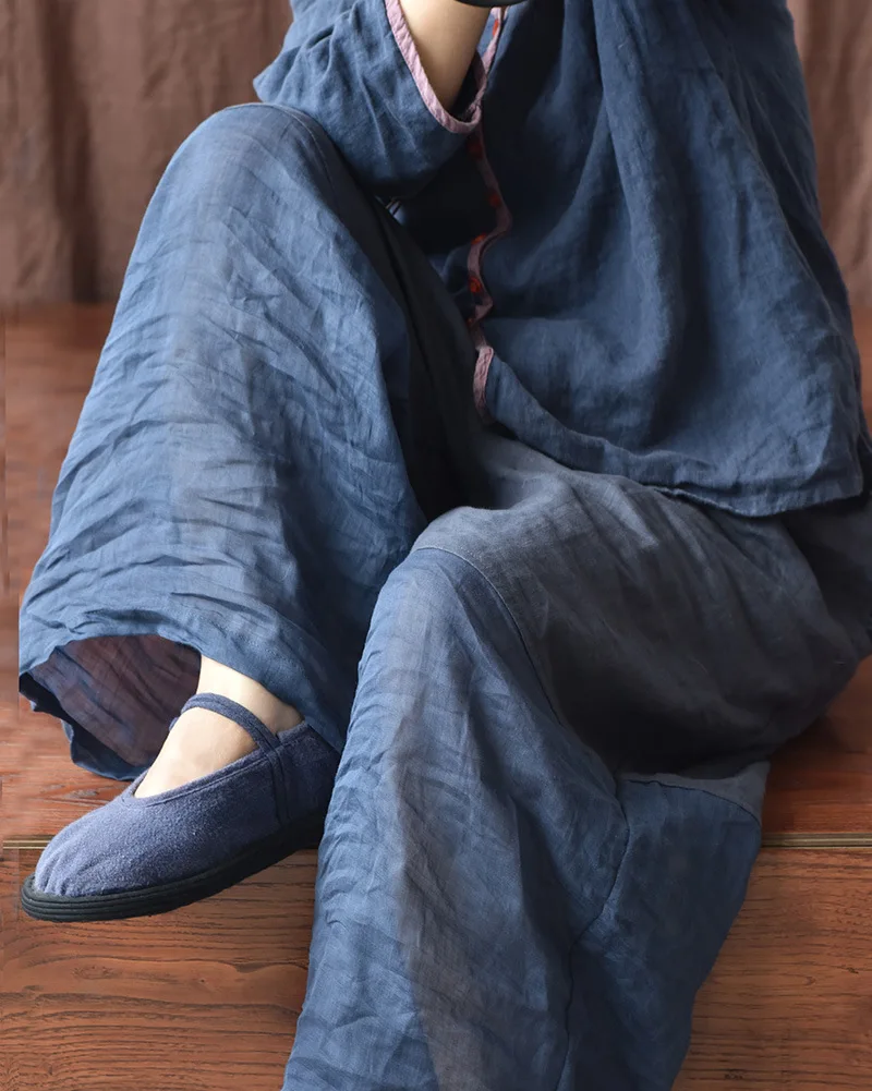 Johnature Women Linen Patchwork Color Wide Leg Pants Elastic Waist 2025 Summer New Original Loose Women Long Pants