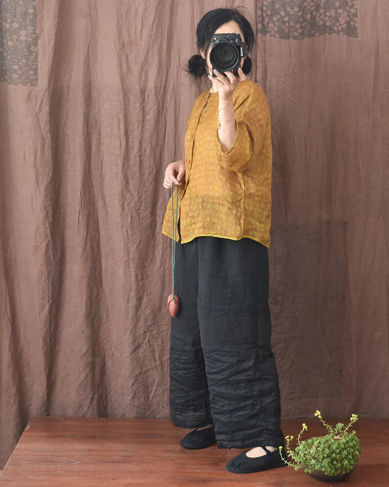Johnature Women Linen Patchwork Color Wide Leg Pants Elastic Waist 2025 Summer New Original Loose Women Long Pants