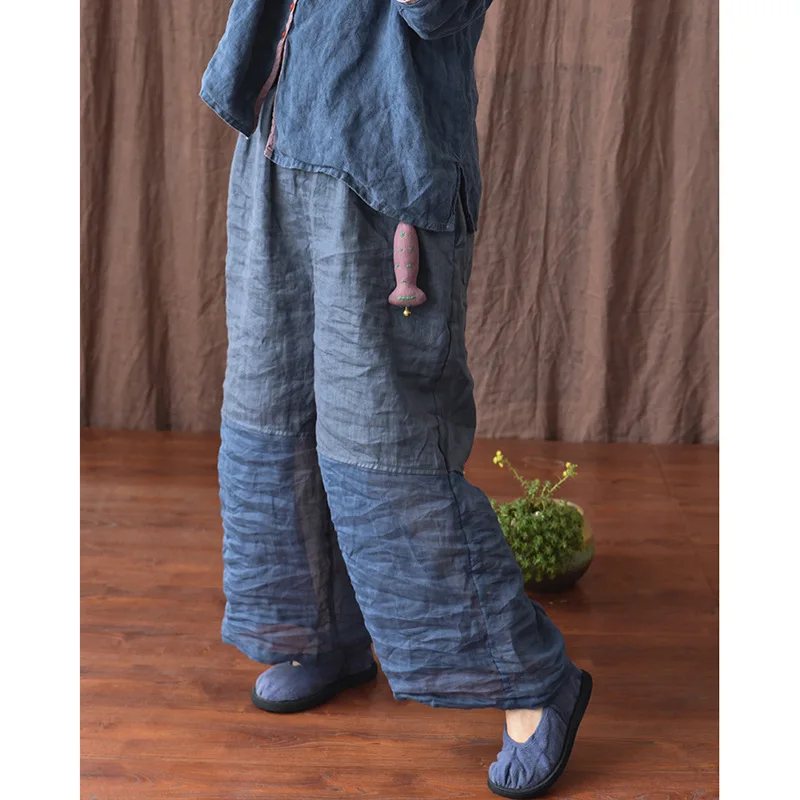 Johnature Women Linen Patchwork Color Wide Leg Pants Elastic Waist 2025 Summer New Original Loose Women Long Pants
