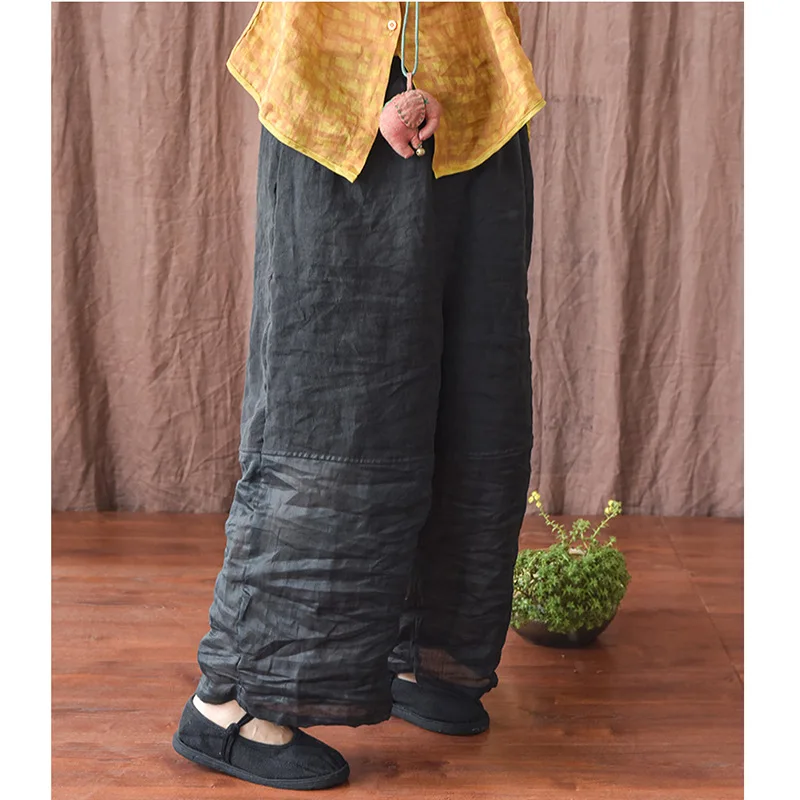 Johnature Women Linen Patchwork Color Wide Leg Pants Elastic Waist 2025 Summer New Original Loose Women Long Pants