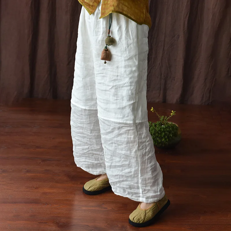 Johnature Women Linen Patchwork Color Wide Leg Pants Elastic Waist 2025 Summer New Original Loose Women Long Pants
