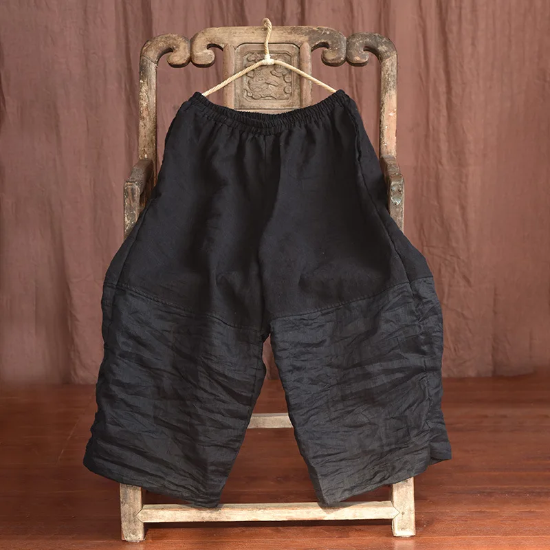 Johnature Women Linen Patchwork Color Wide Leg Pants Elastic Waist 2025 Summer New Original Loose Women Long Pants