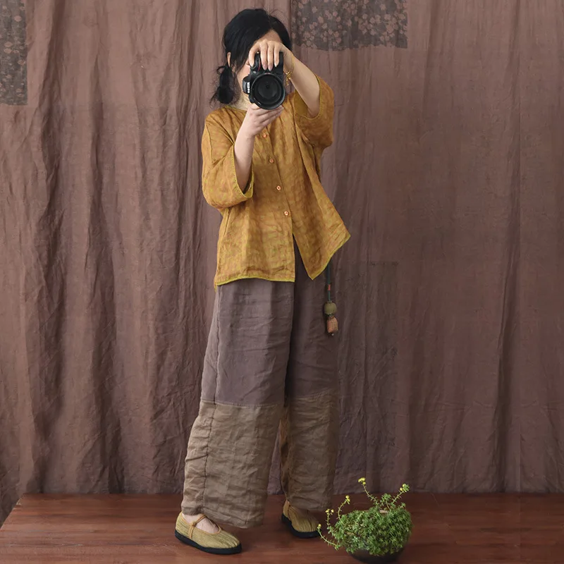 Johnature Women Linen Patchwork Color Wide Leg Pants Elastic Waist 2025 Summer New Original Loose Women Long Pants