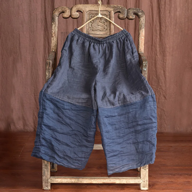 Johnature Women Linen Patchwork Color Wide Leg Pants Elastic Waist 2025 Summer New Original Loose Women Long Pants