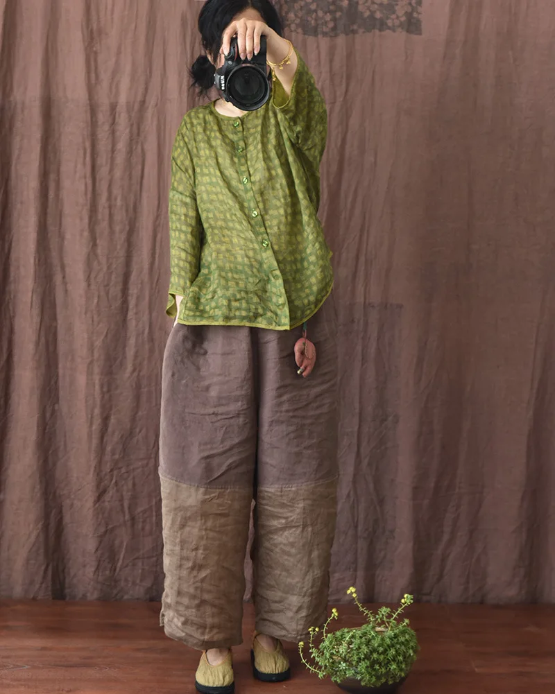 Johnature Women Linen Patchwork Color Wide Leg Pants Elastic Waist 2025 Summer New Original Loose Women Long Pants