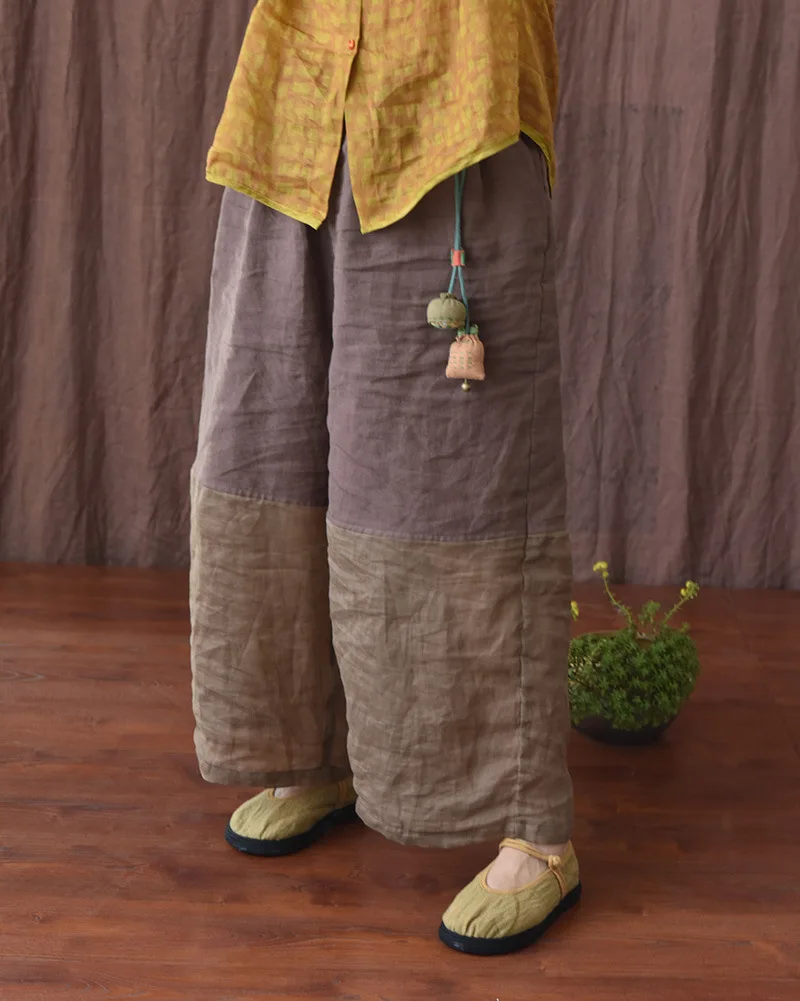 Johnature Women Linen Patchwork Color Wide Leg Pants Elastic Waist 2025 Summer New Original Loose Women Long Pants