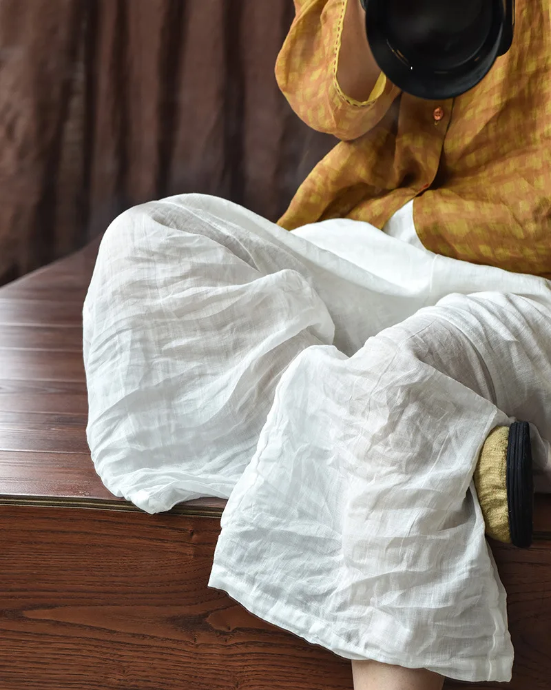 Johnature Women Linen Patchwork Color Wide Leg Pants Elastic Waist 2025 Summer New Original Loose Women Long Pants