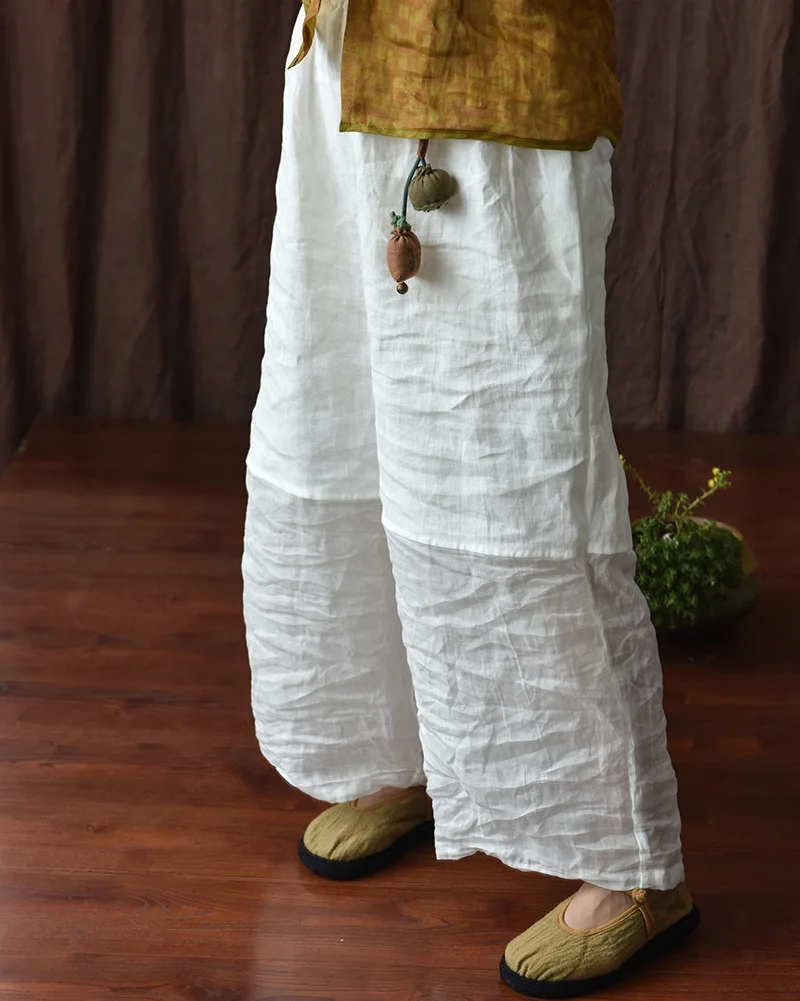 Johnature Women Linen Patchwork Color Wide Leg Pants Elastic Waist 2025 Summer New Original Loose Women Long Pants