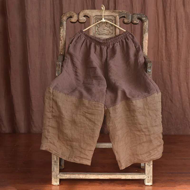 Johnature Women Linen Patchwork Color Wide Leg Pants Elastic Waist 2025 Summer New Original Loose Women Long Pants