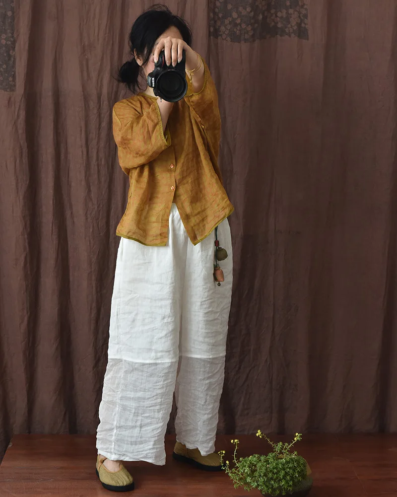 Johnature Women Linen Patchwork Color Wide Leg Pants Elastic Waist 2025 Summer New Original Loose Women Long Pants