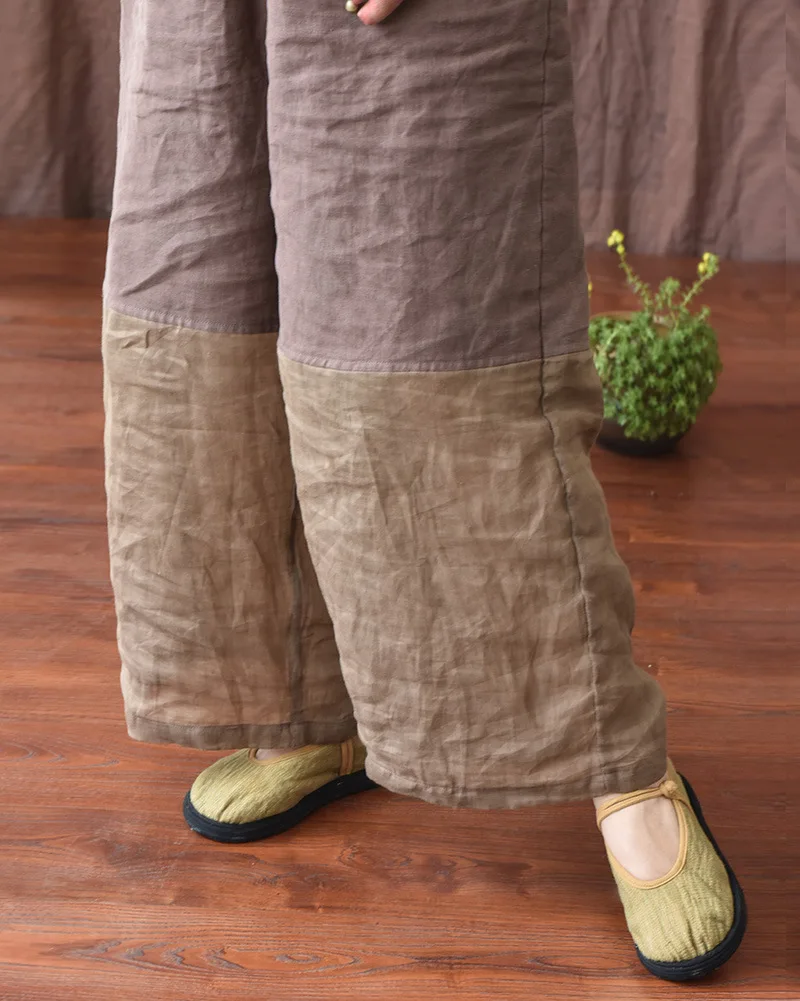 Johnature Women Linen Patchwork Color Wide Leg Pants Elastic Waist 2025 Summer New Original Loose Women Long Pants