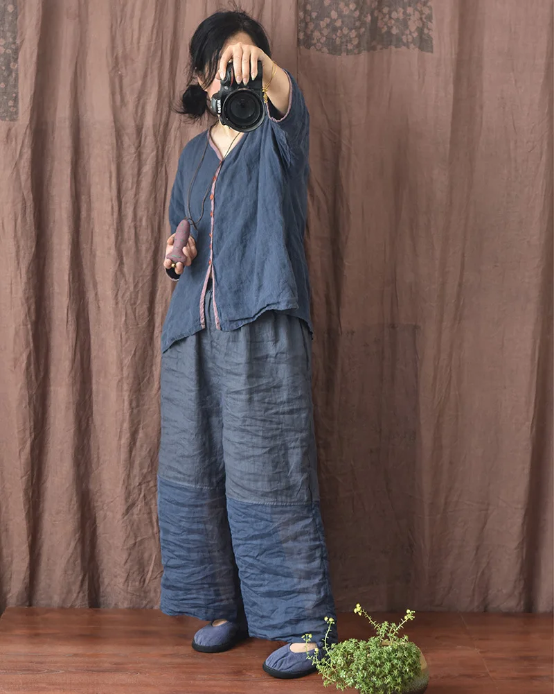 Johnature Women Linen Patchwork Color Wide Leg Pants Elastic Waist 2025 Summer New Original Loose Women Long Pants