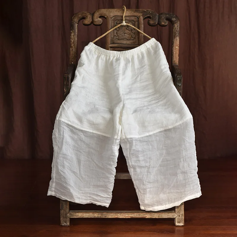 Johnature Women Linen Patchwork Color Wide Leg Pants Elastic Waist 2025 Summer New Original Loose Women Long Pants