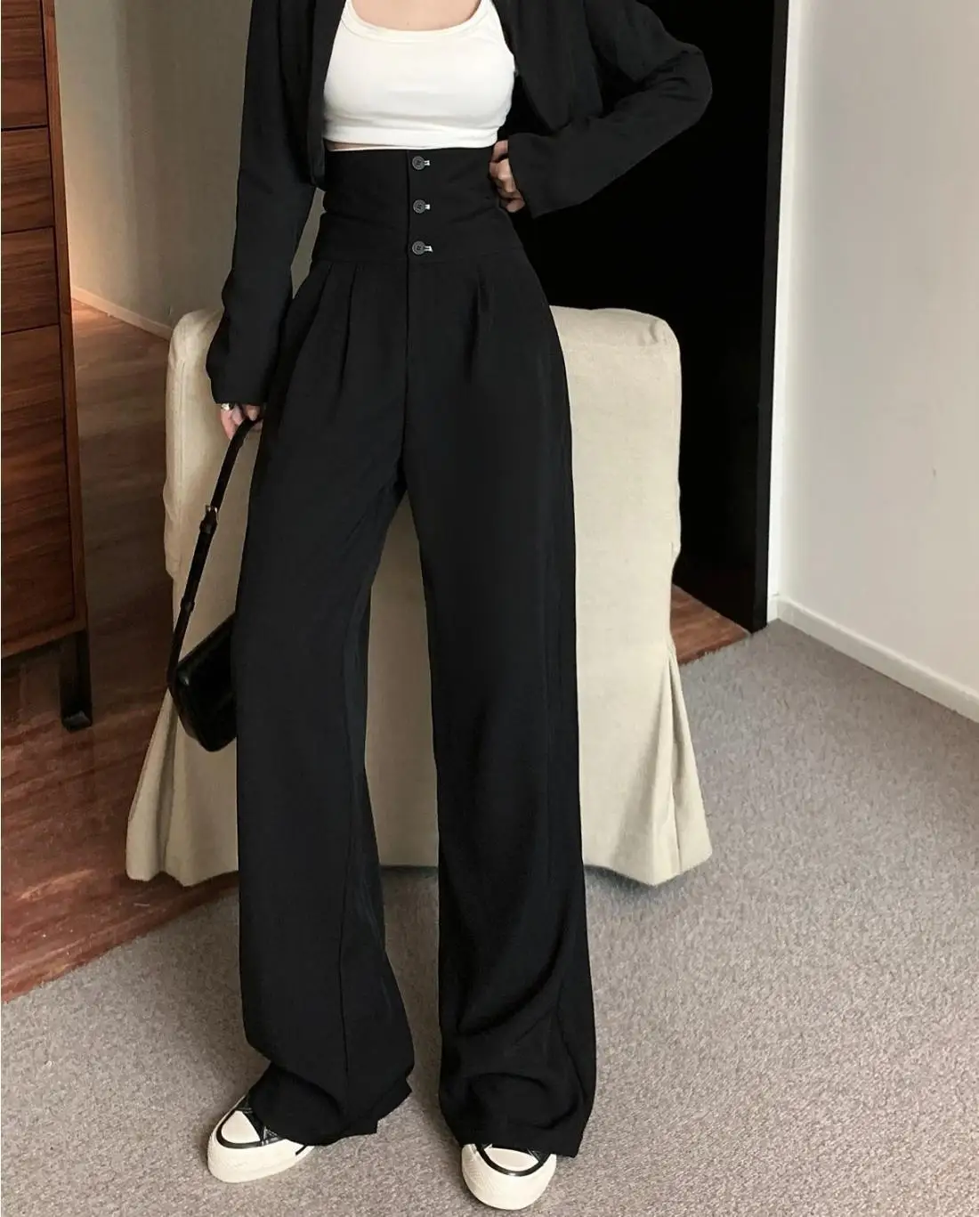 High Waisted Black Pants, Women's Autumn New Style, Hanging Floor Pants, Casual Loose Wide Leg Pants