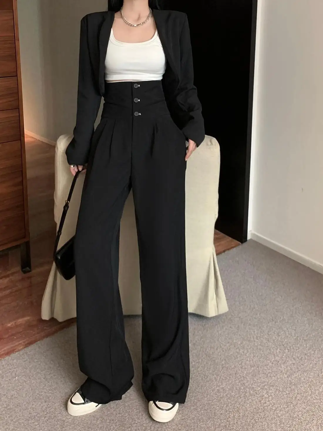 High Waisted Black Pants, Women's Autumn New Style, Hanging Floor Pants, Casual Loose Wide Leg Pants