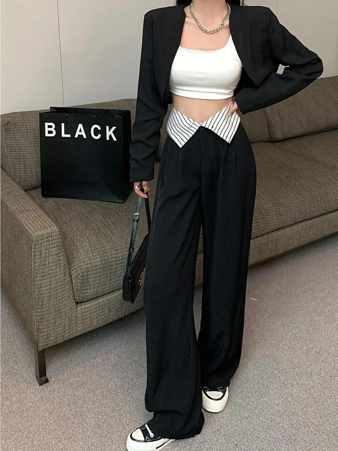 High Waisted Black Pants, Women's Autumn New Style, Hanging Floor Pants, Casual Loose Wide Leg Pants