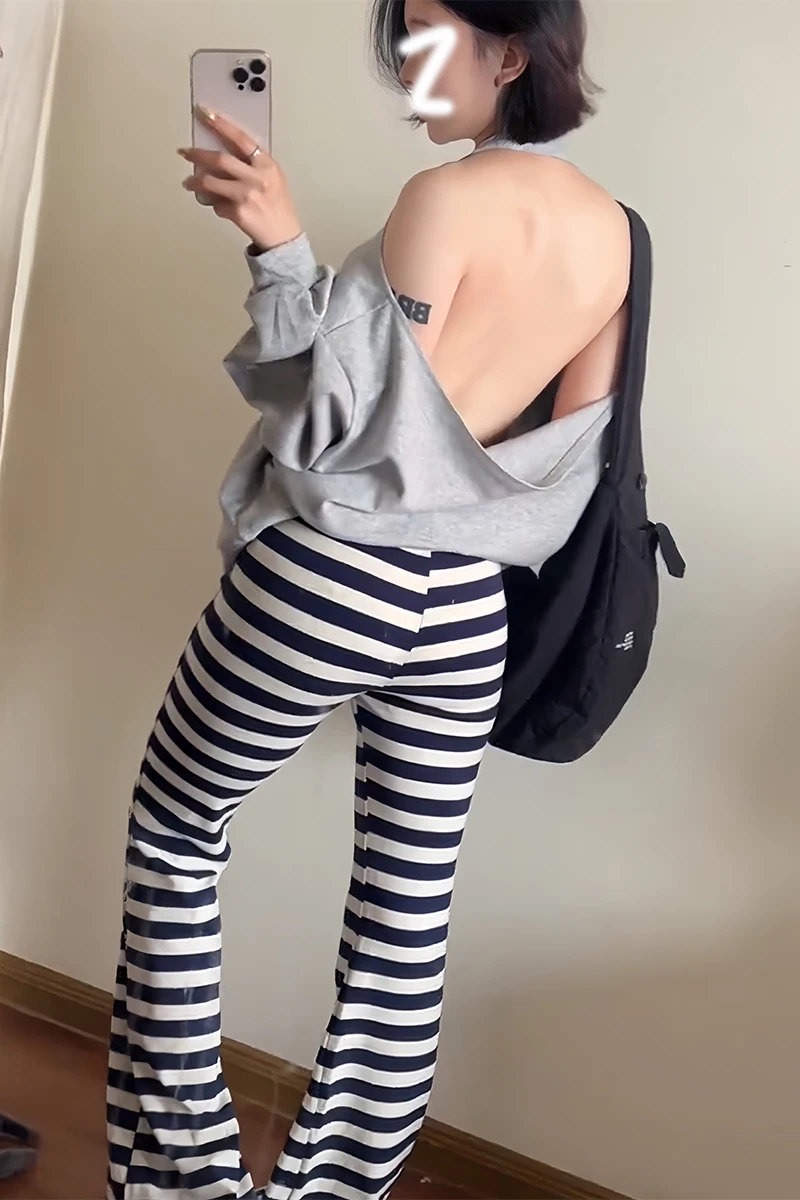 Women Low Waisted Striped Long Trousers Flare Pants Y2K Streetwear Japanese Harajuku 2000s Korean Fashion Pantalones High Street