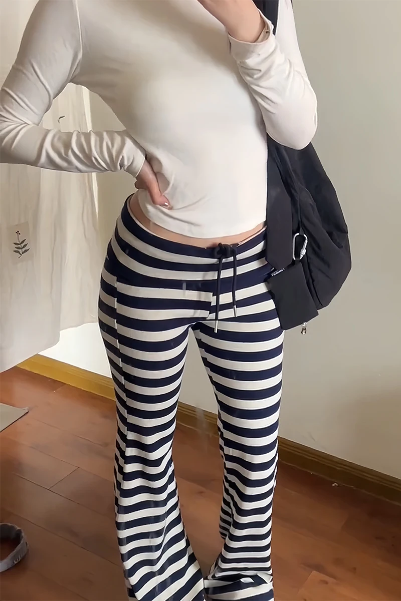Women Low Waisted Striped Long Trousers Flare Pants Y2K Streetwear Japanese Harajuku 2000s Korean Fashion Pantalones High Street