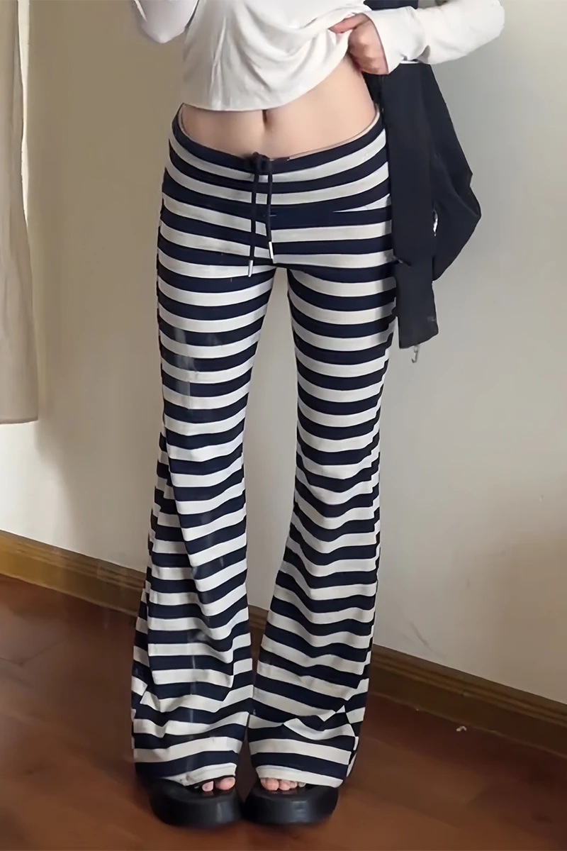 Women Low Waisted Striped Long Trousers Flare Pants Y2K Streetwear Japanese Harajuku 2000s Korean Fashion Pantalones High Street