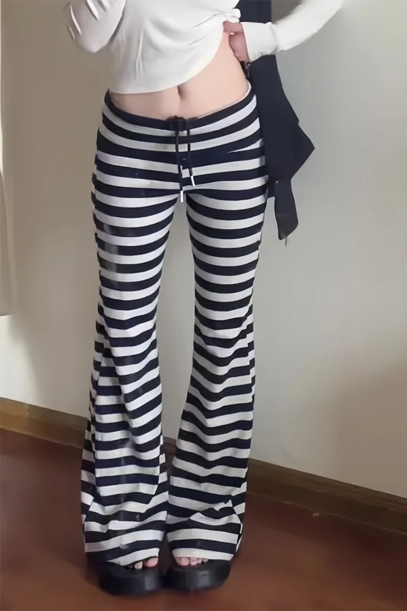 Women Low Waisted Striped Long Trousers Flare Pants Y2K Streetwear Japanese Harajuku 2000s Korean Fashion Pantalones High Street