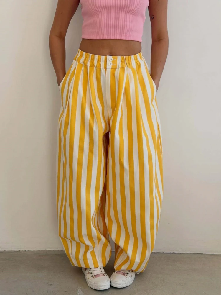 LGRQ Women's Casual Pants Office Lady Elastic High Waisted Striped All-match Wide Leg Trousers 2026 Summer New 19DB1061