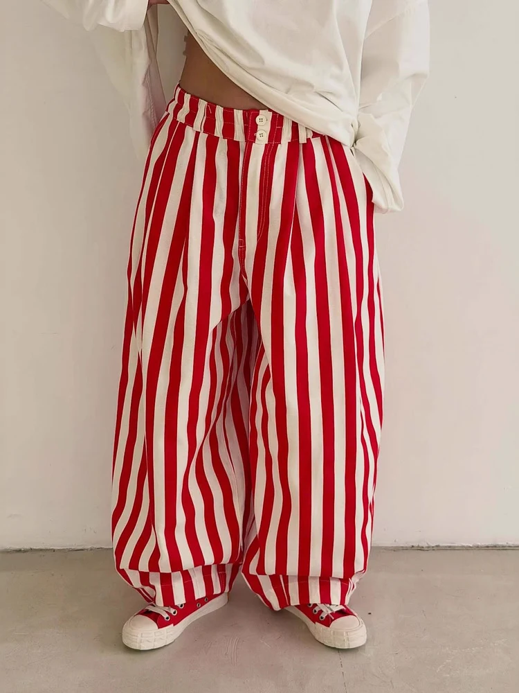 LGRQ Women's Casual Pants Office Lady Elastic High Waisted Striped All-match Wide Leg Trousers 2026 Summer New 19DB1061