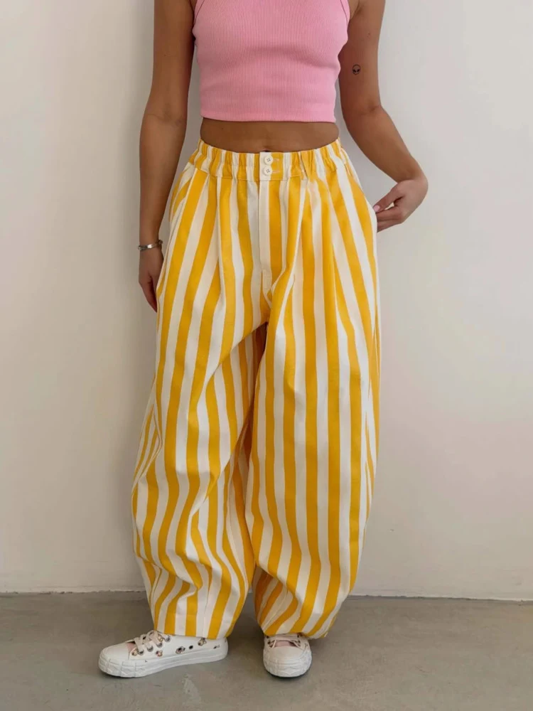 LGRQ Women's Casual Pants Office Lady Elastic High Waisted Striped All-match Wide Leg Trousers 2026 Summer New 19DB1061