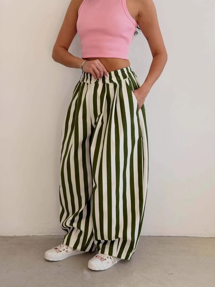 LGRQ Women's Casual Pants Office Lady Elastic High Waisted Striped All-match Wide Leg Trousers 2026 Summer New 19DB1061