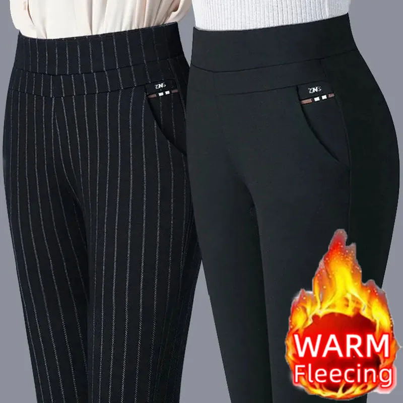 2025 Autumn Winter Casual Elegant Office Slimming Solid Color Fleecing Thick Thin Women's Pants Elastic Waist Tight Pencil Pants