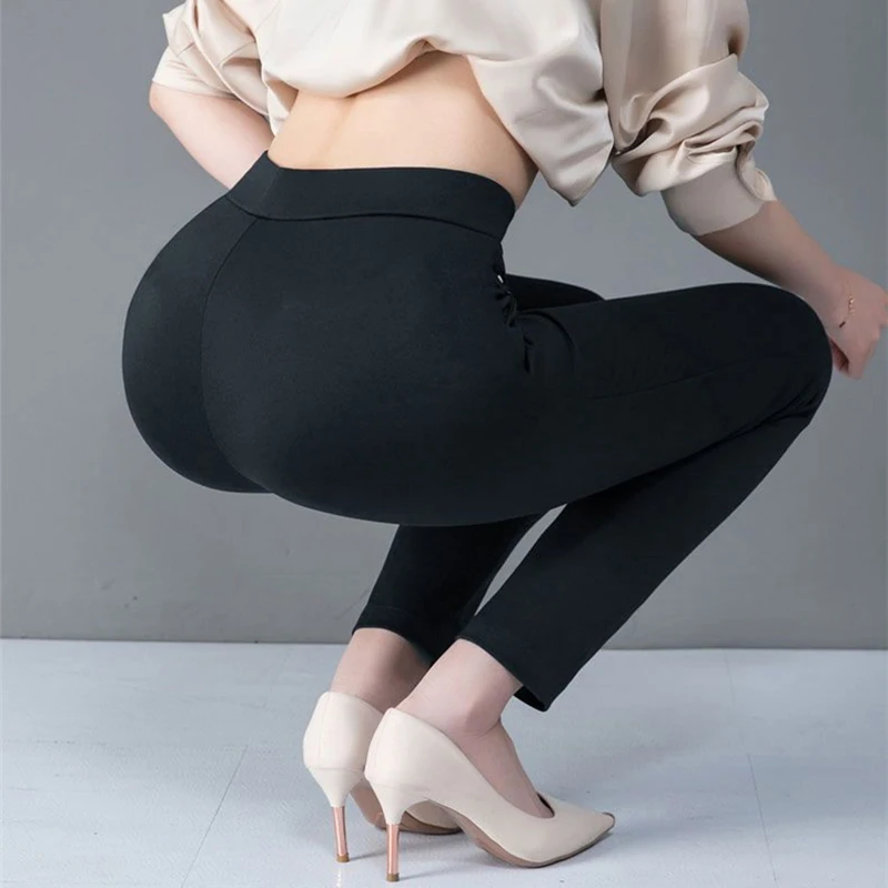 2025 Autumn Winter Casual Elegant Office Slimming Solid Color Fleecing Thick Thin Women's Pants Elastic Waist Tight Pencil Pants